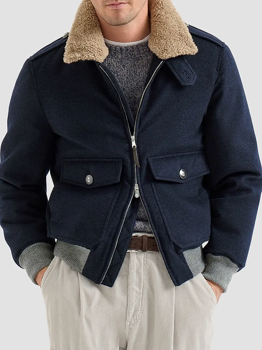 Brunello Cucinelli Men's Bonded Cashmere Beaver Cloth Bomber Jacket | Thumbnail 3 Brunello Cucinelli Men's Bonded Cashmere Beaver Cloth Bomber Jacket | Thumbnail 3