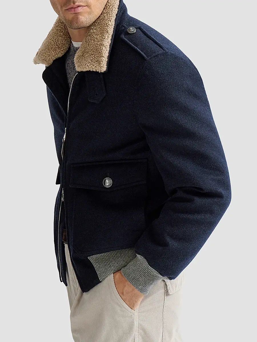 Brunello Cucinelli Men's Bonded Cashmere Beaver Cloth Bomber Jacket | Thumbnail 4 Brunello Cucinelli Men's Bonded Cashmere Beaver Cloth Bomber Jacket | Thumbnail 4