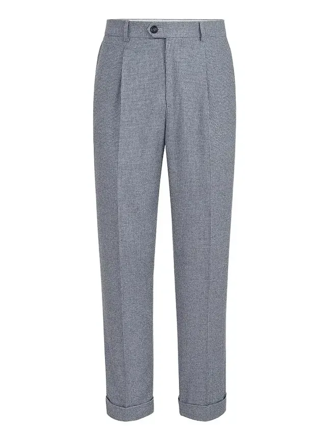 Men's Cashmere and Silk Houndstooth Flannel Trousers with Pleats - Cerulean