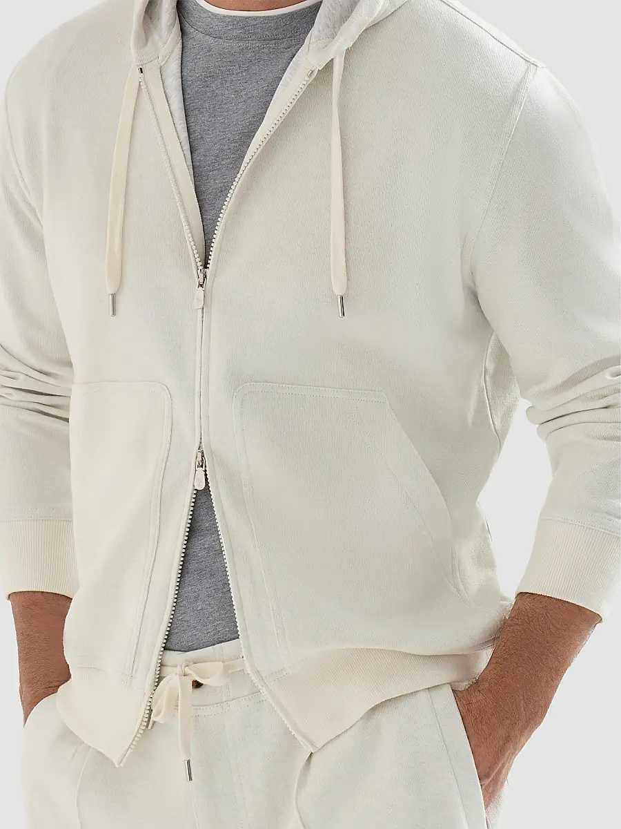Brunello Cucinelli Men's Cashmere and Cotton French Terry Double Cloth Hooded Sweatshirt | Thumbnail 4 Brunello Cucinelli Men's Cashmere and Cotton French Terry Double Cloth Hooded Sweatshirt | Thumbnail 4