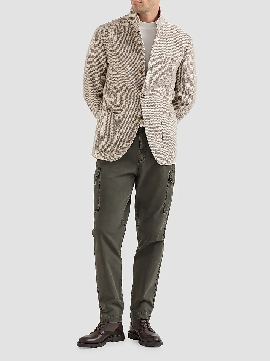 Brunello Cucinelli Men's Peached Cotton Gabardine Trousers with Cargo Pockets - Brown | Thumbnail 2