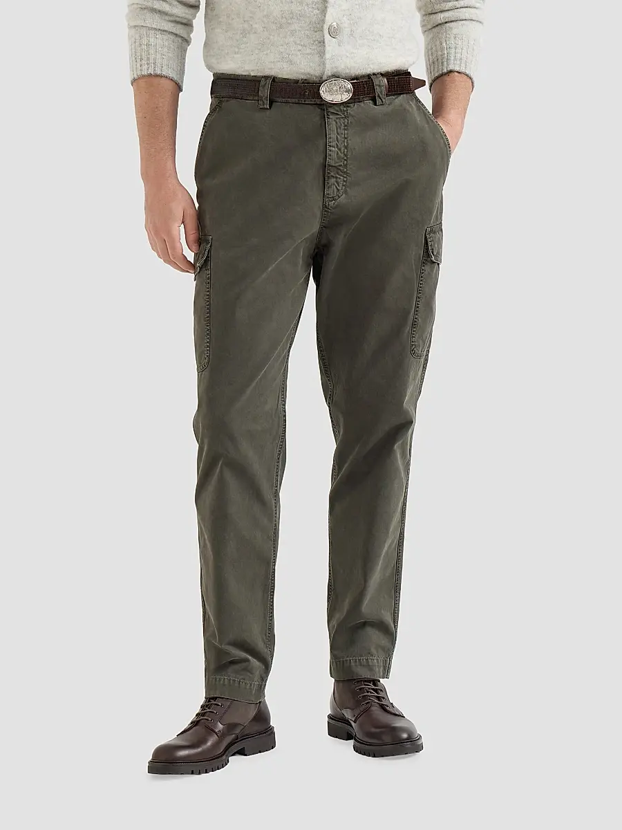 Brunello Cucinelli Men's Peached Cotton Gabardine Trousers with Cargo Pockets - Brown | Thumbnail 3