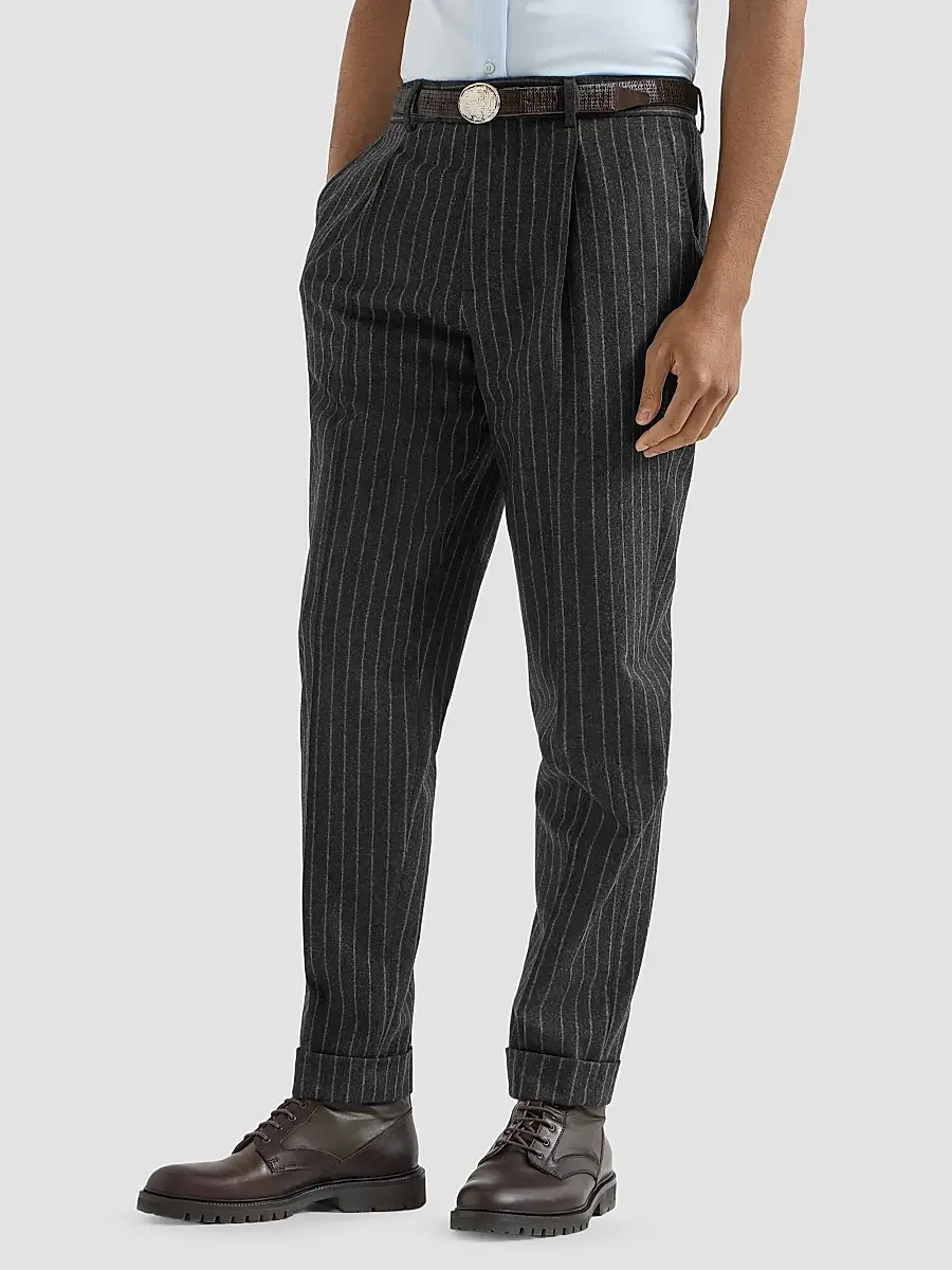 Brunello Cucinelli Men's Virgin Wool and Cashmere Chalk Stripe Flannel Trousers | Thumbnail 4
