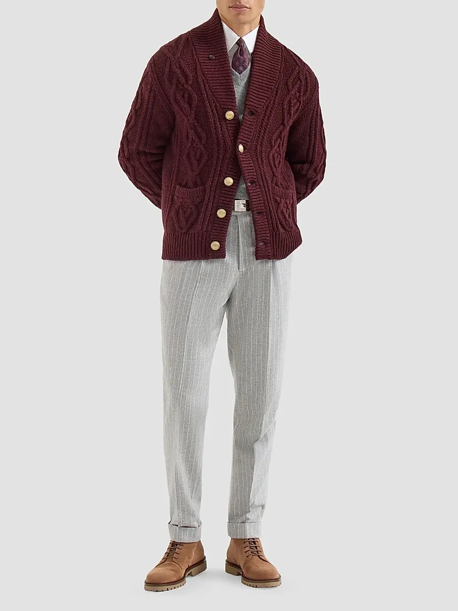 Brunello Cucinelli Men's Virgin Wool and Cashmere Chalk Stripe Flannel Trousers | Thumbnail 2 Brunello Cucinelli Men's Virgin Wool and Cashmere Chalk Stripe Flannel Trousers | Thumbnail 2