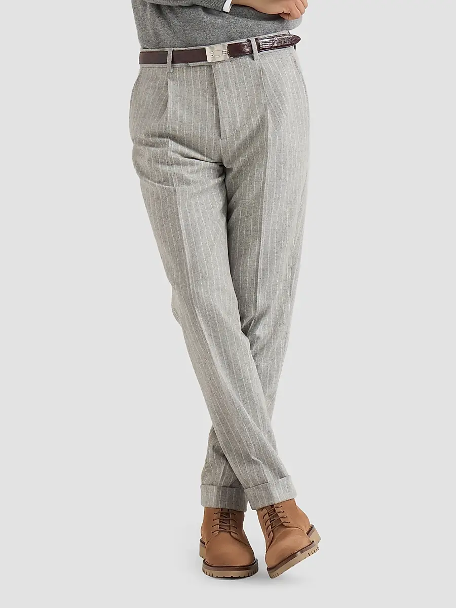Brunello Cucinelli Men's Virgin Wool and Cashmere Chalk Stripe Flannel Trousers | Thumbnail 3 Brunello Cucinelli Men's Virgin Wool and Cashmere Chalk Stripe Flannel Trousers | Thumbnail 3