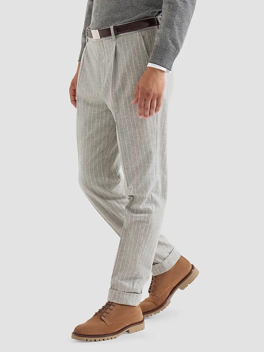 Brunello Cucinelli Men's Virgin Wool and Cashmere Chalk Stripe Flannel Trousers | Thumbnail 4 Brunello Cucinelli Men's Virgin Wool and Cashmere Chalk Stripe Flannel Trousers | Thumbnail 4