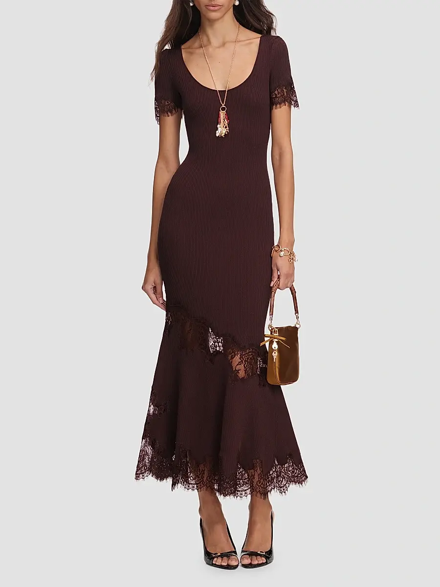 Self-Portrait Women's Lace-Trim Rib-Knit Midi Dress | Thumbnail 2