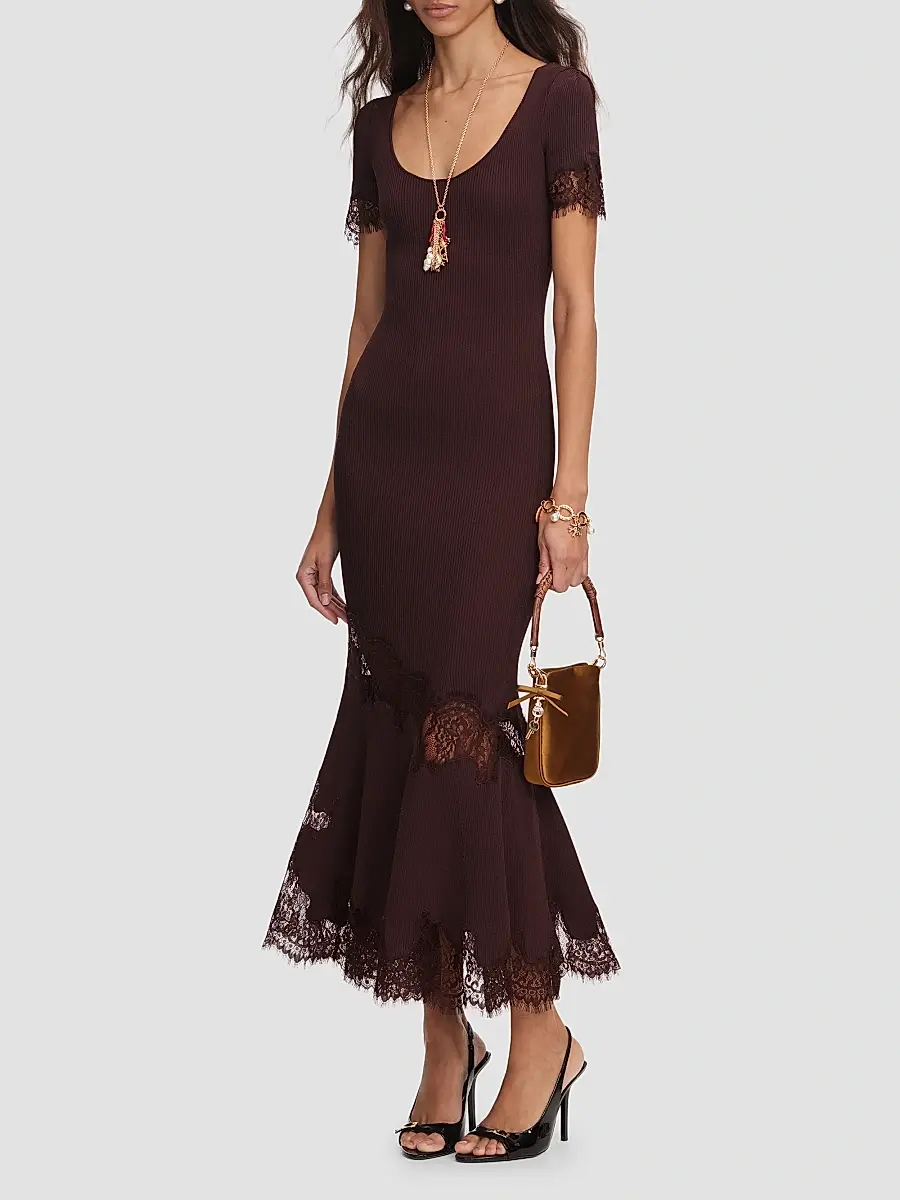 Self-Portrait Women's Lace-Trim Rib-Knit Midi Dress | Thumbnail 4