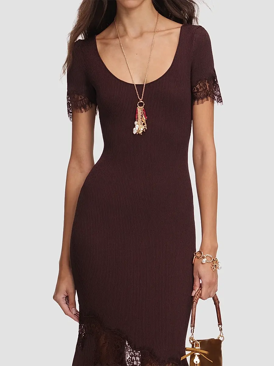 Self-Portrait Women's Lace-Trim Rib-Knit Midi Dress | Thumbnail 5