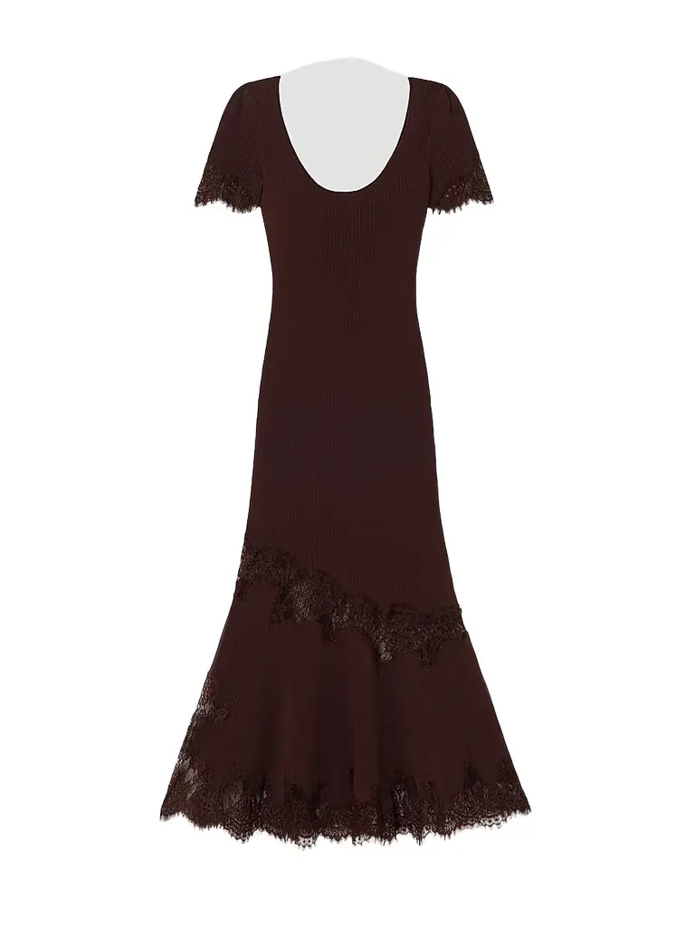 Self-Portrait Women's Lace-Trim Rib-Knit Midi Dress - Brown | Image 1 Self-Portrait Women's Lace-Trim Rib-Knit Midi Dress - Brown | Image 1
