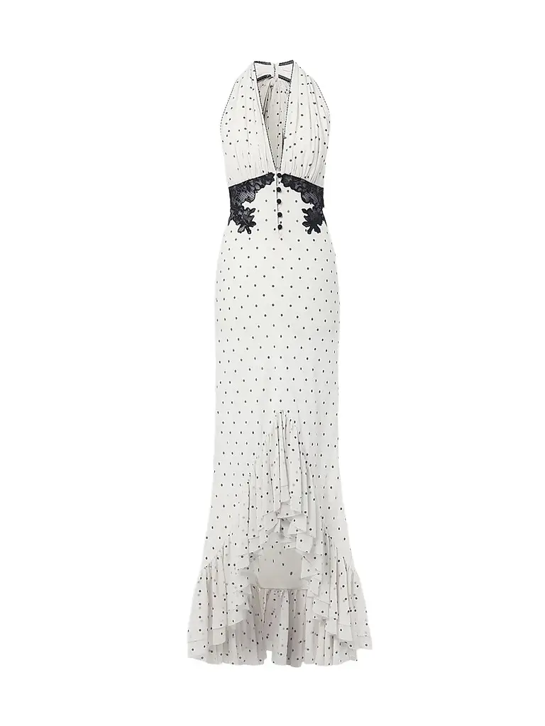 Self-Portrait Women's Polka Dot Halterneck High-Low Maxi Dress - White | Image 1 Self-Portrait Women's Polka Dot Halterneck High-Low Maxi Dress - White | Image 1