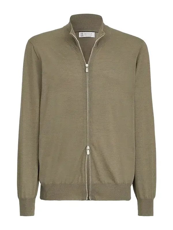 Men's Cashmere and Silk Lightweight Cardigan with Zipper - Mud