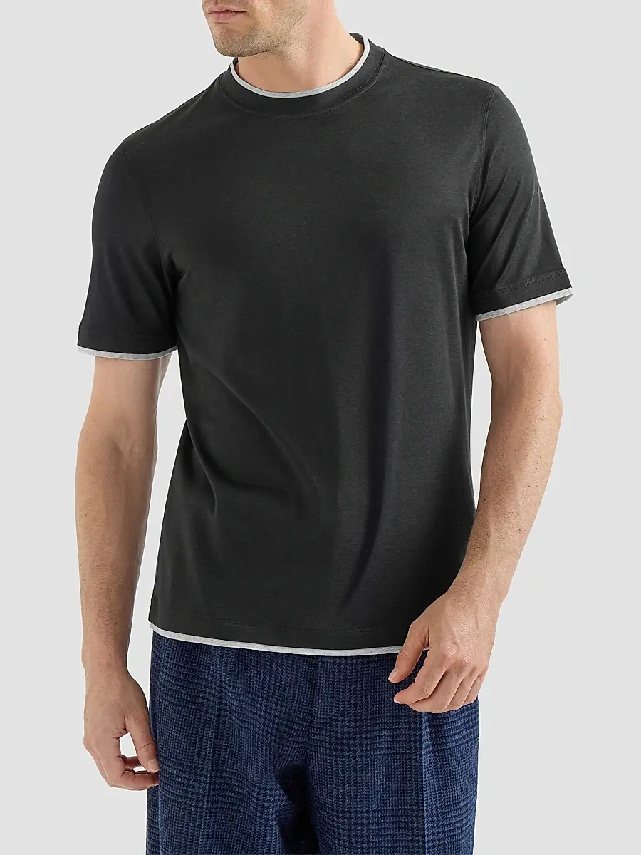 Brunello Cucinelli Men's Silk and Cotton Lightweight Jersey Crew-Neck T Shirt | Thumbnail 3 Brunello Cucinelli Men's Silk and Cotton Lightweight Jersey Crew-Neck T Shirt | Thumbnail 3