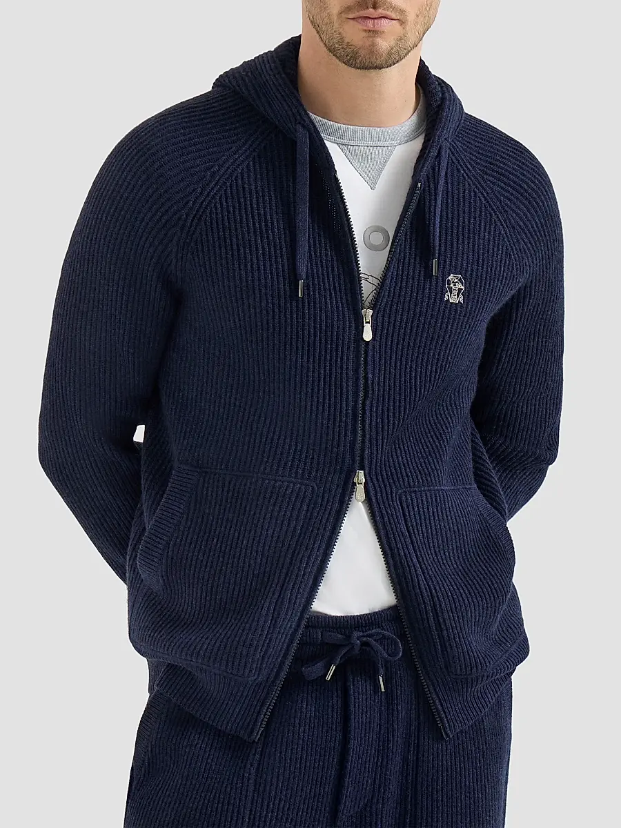 Brunello Cucinelli Men's Cashmere English Rib Hooded Knit Sweatshirt | Thumbnail 3 Brunello Cucinelli Men's Cashmere English Rib Hooded Knit Sweatshirt | Thumbnail 3