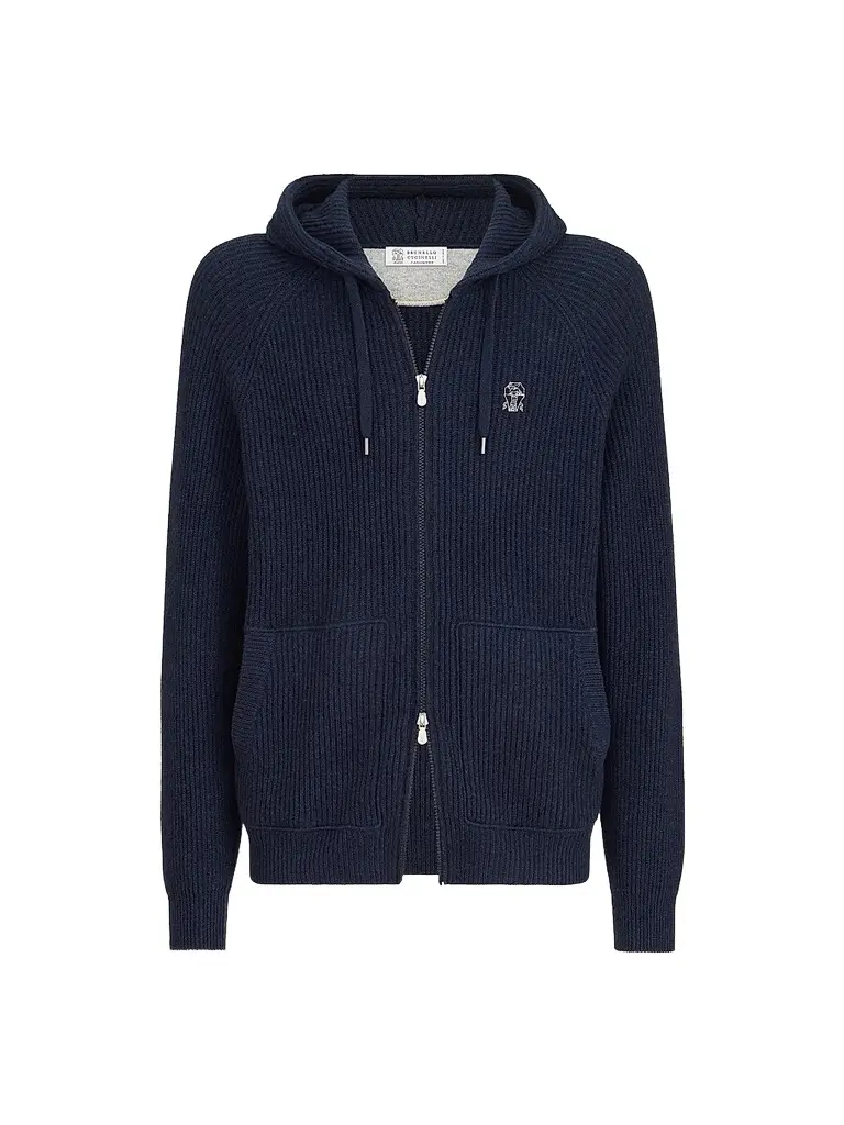 Brunello Cucinelli Men's Cashmere English Rib Hooded Knit Sweatshirt - Blue | Image 1 Brunello Cucinelli Men's Cashmere English Rib Hooded Knit Sweatshirt - Blue | Image 1