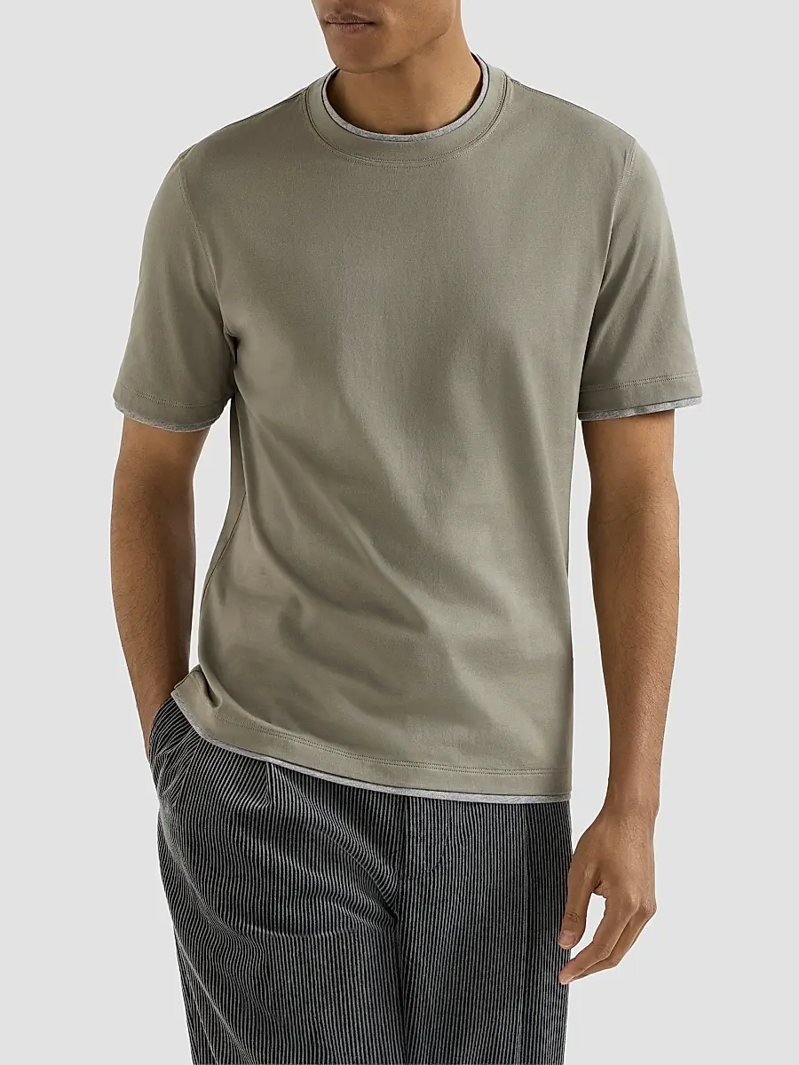 Brunello Cucinelli Men's Cotton Jersey Crewneck T-Shirt with Faux Layering - Khaki | Thumbnail 2 Brunello Cucinelli Men's Cotton Jersey Crewneck T-Shirt with Faux Layering - Khaki | Thumbnail 2