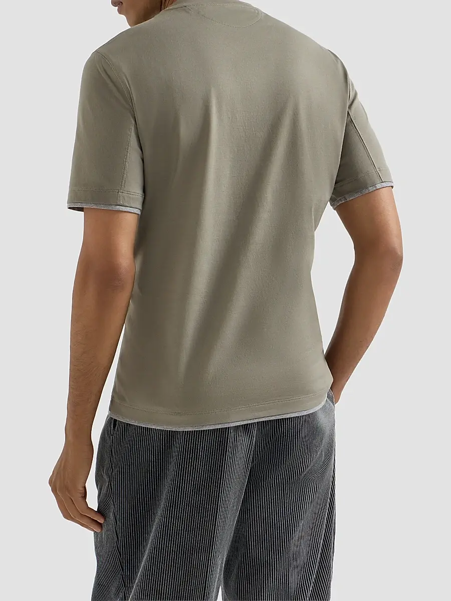 Brunello Cucinelli Men's Cotton Jersey Crewneck T-Shirt with Faux Layering - Khaki | Thumbnail 3 Brunello Cucinelli Men's Cotton Jersey Crewneck T-Shirt with Faux Layering - Khaki | Thumbnail 3