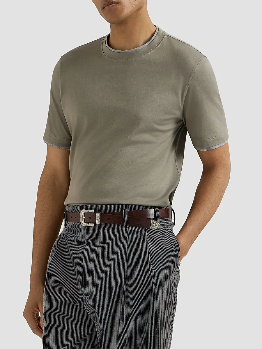 Brunello Cucinelli Men's Cotton Jersey Crewneck T-Shirt with Faux Layering - Khaki | Thumbnail 4 Brunello Cucinelli Men's Cotton Jersey Crewneck T-Shirt with Faux Layering - Khaki | Thumbnail 4