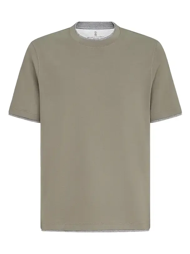 Brunello Cucinelli Men's Cotton Jersey Crewneck T-Shirt with Faux Layering - Khaki