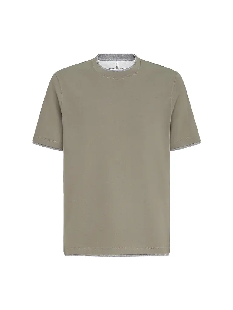 Brunello Cucinelli Men's Cotton Jersey Crewneck T-Shirt with Faux Layering - Khaki | Image 1 Brunello Cucinelli Men's Cotton Jersey Crewneck T-Shirt with Faux Layering - Khaki | Image 1