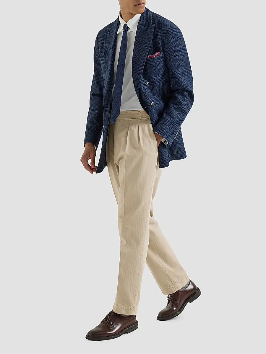 Brunello Cucinelli Men's Cotton Chevron Trousers with Double Pleats - Beige | Thumbnail 2 Brunello Cucinelli Men's Cotton Chevron Trousers with Double Pleats - Beige | Thumbnail 2