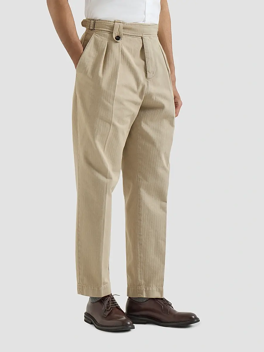 Brunello Cucinelli Men's Cotton Chevron Trousers with Double Pleats - Beige | Thumbnail 3 Brunello Cucinelli Men's Cotton Chevron Trousers with Double Pleats - Beige | Thumbnail 3
