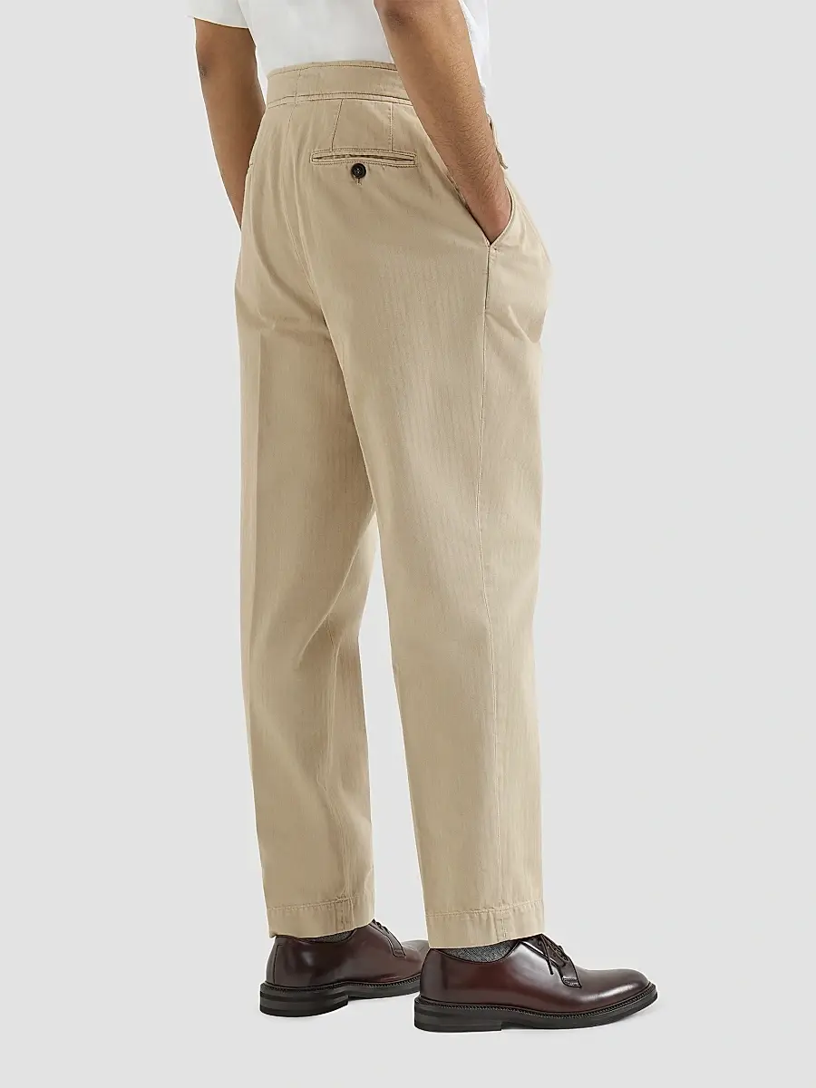 Brunello Cucinelli Men's Cotton Chevron Trousers with Double Pleats - Beige | Thumbnail 4 Brunello Cucinelli Men's Cotton Chevron Trousers with Double Pleats - Beige | Thumbnail 4