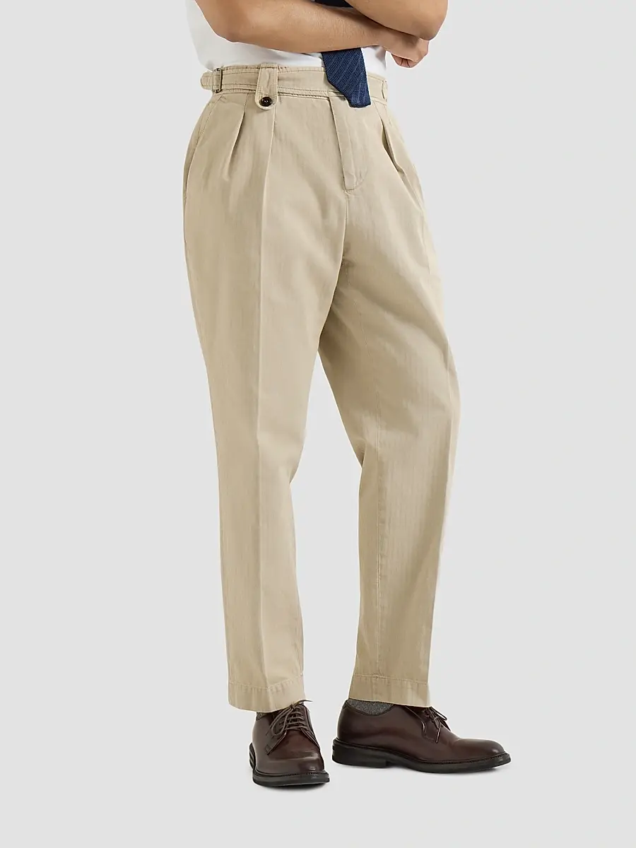 Brunello Cucinelli Men's Cotton Chevron Trousers with Double Pleats - Beige | Thumbnail 5 Brunello Cucinelli Men's Cotton Chevron Trousers with Double Pleats - Beige | Thumbnail 5
