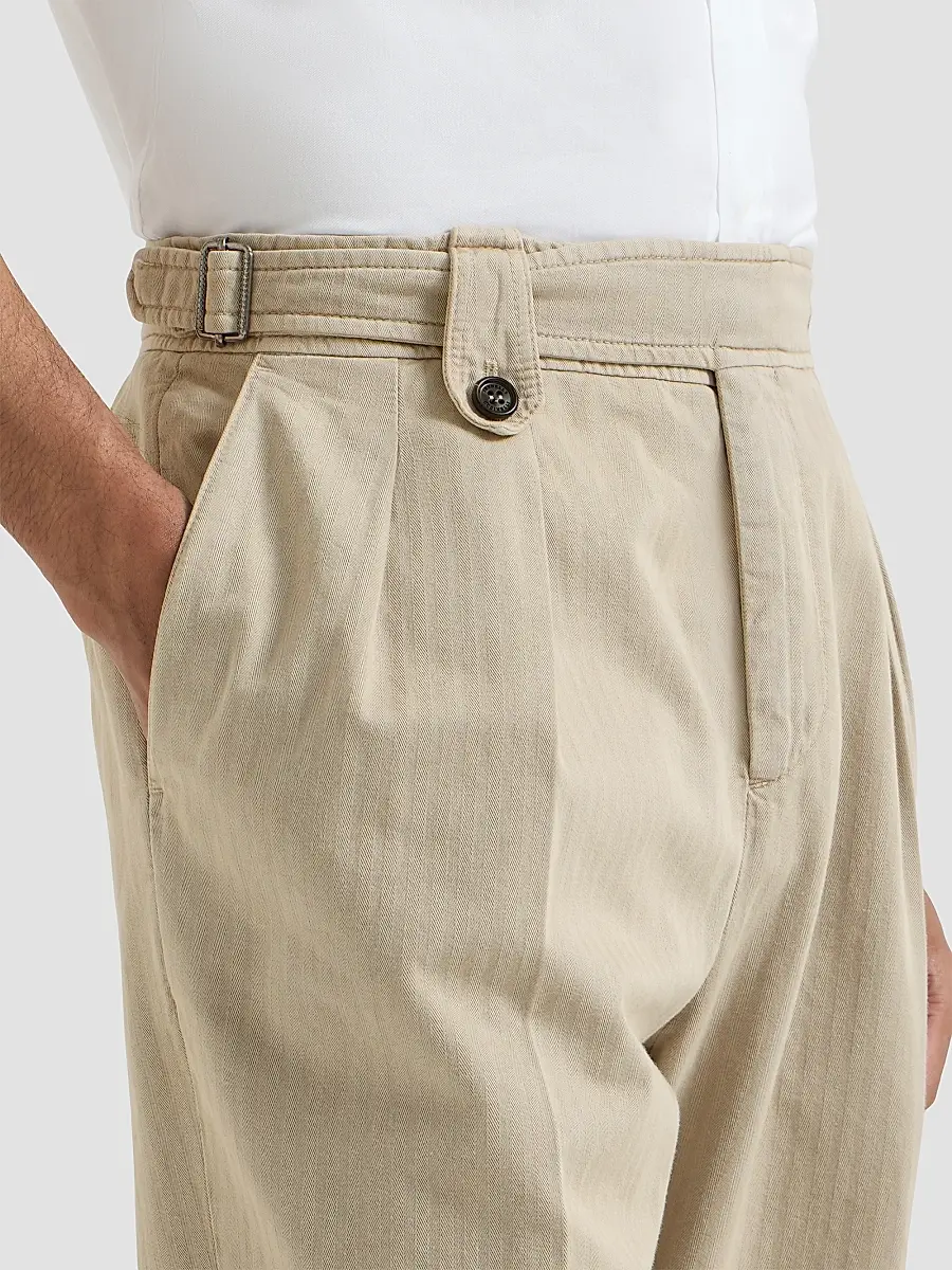 Brunello Cucinelli Men's Cotton Chevron Trousers with Double Pleats - Beige | Thumbnail 6 Brunello Cucinelli Men's Cotton Chevron Trousers with Double Pleats - Beige | Thumbnail 6