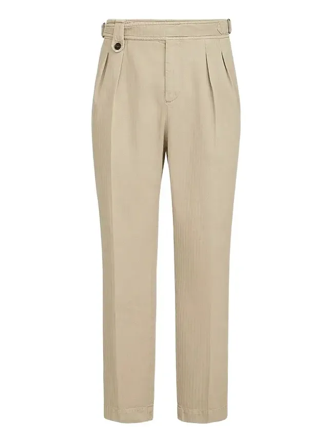 Men's Cotton Chevron Trousers with Double Pleats - Beige Men's Cotton Chevron Trousers with Double Pleats - Beige