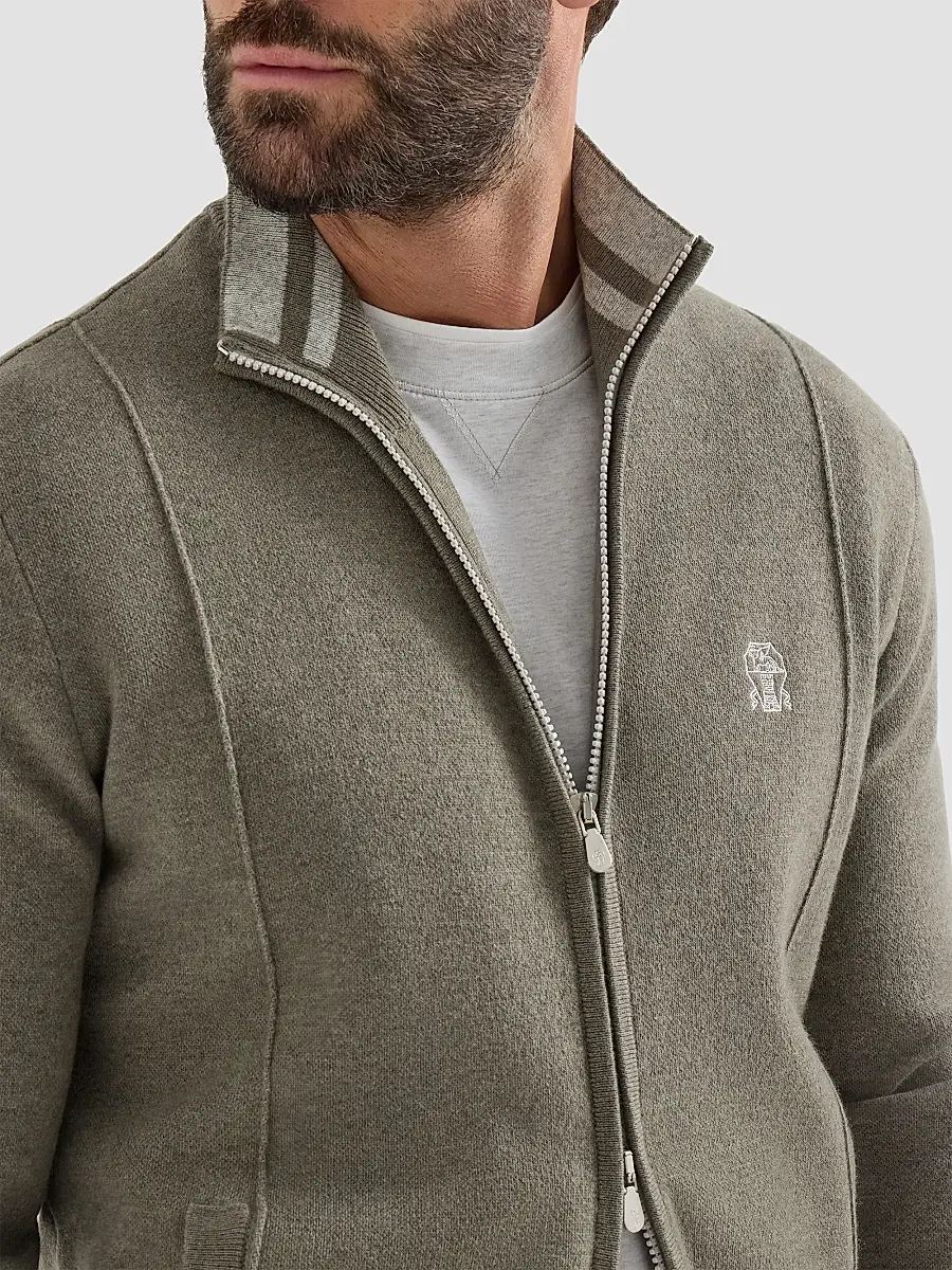 Brunello Cucinelli Men's Cashmere Double Knit Cardigan with Zipper - Military | Thumbnail 6 Brunello Cucinelli Men's Cashmere Double Knit Cardigan with Zipper - Military | Thumbnail 6