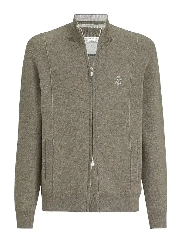 Men's Cashmere Double Knit Cardigan with Zipper - Military