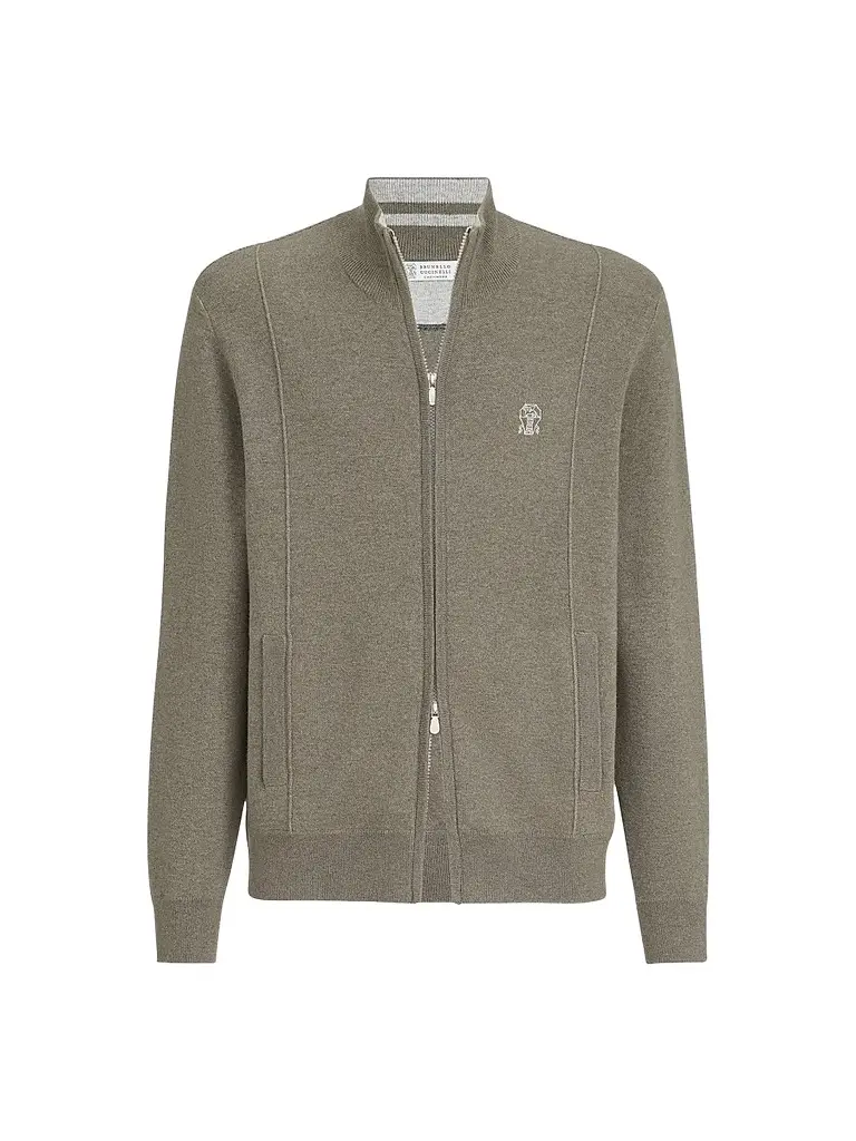 Brunello Cucinelli Men's Cashmere Double Knit Cardigan with Zipper - Military | Image 1 Brunello Cucinelli Men's Cashmere Double Knit Cardigan with Zipper - Military | Image 1