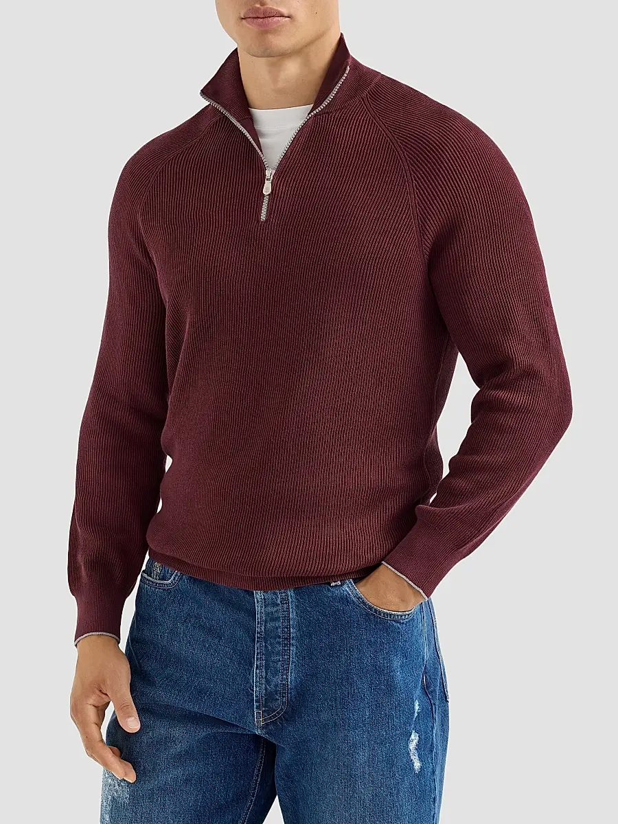 Brunello Cucinelli Men's Cotton English Rib Sweater with Half Zip - Burgundy | Thumbnail 3 Brunello Cucinelli Men's Cotton English Rib Sweater with Half Zip - Burgundy | Thumbnail 3