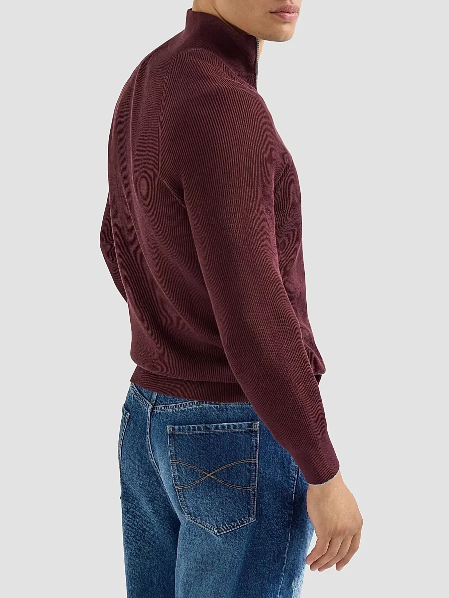 Brunello Cucinelli Men's Cotton English Rib Sweater with Half Zip - Burgundy | Thumbnail 4 Brunello Cucinelli Men's Cotton English Rib Sweater with Half Zip - Burgundy | Thumbnail 4