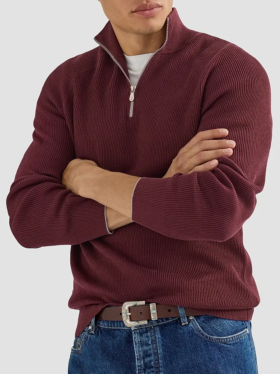 Brunello Cucinelli Men's Cotton English Rib Sweater with Half Zip - Burgundy | Thumbnail 5 Brunello Cucinelli Men's Cotton English Rib Sweater with Half Zip - Burgundy | Thumbnail 5
