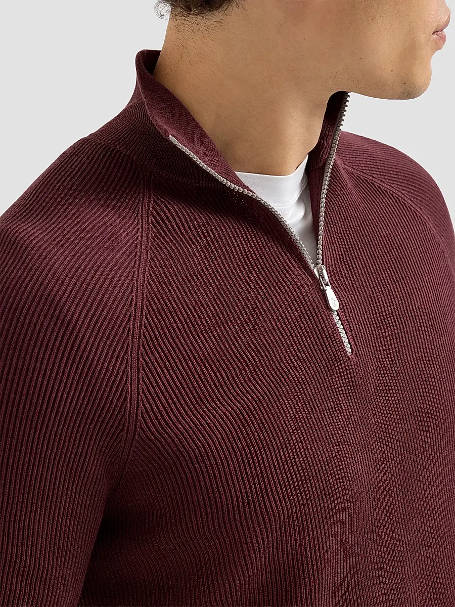 Brunello Cucinelli Men's Cotton English Rib Sweater with Half Zip - Burgundy | Thumbnail 6 Brunello Cucinelli Men's Cotton English Rib Sweater with Half Zip - Burgundy | Thumbnail 6