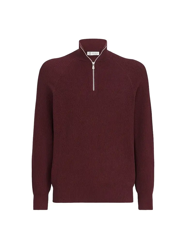 Brunello Cucinelli Men's Cotton English Rib Sweater with Half Zip - Burgundy - Size 50 | Image 1 Brunello Cucinelli Men's Cotton English Rib Sweater with Half Zip - Burgundy - Size 50 | Image 1