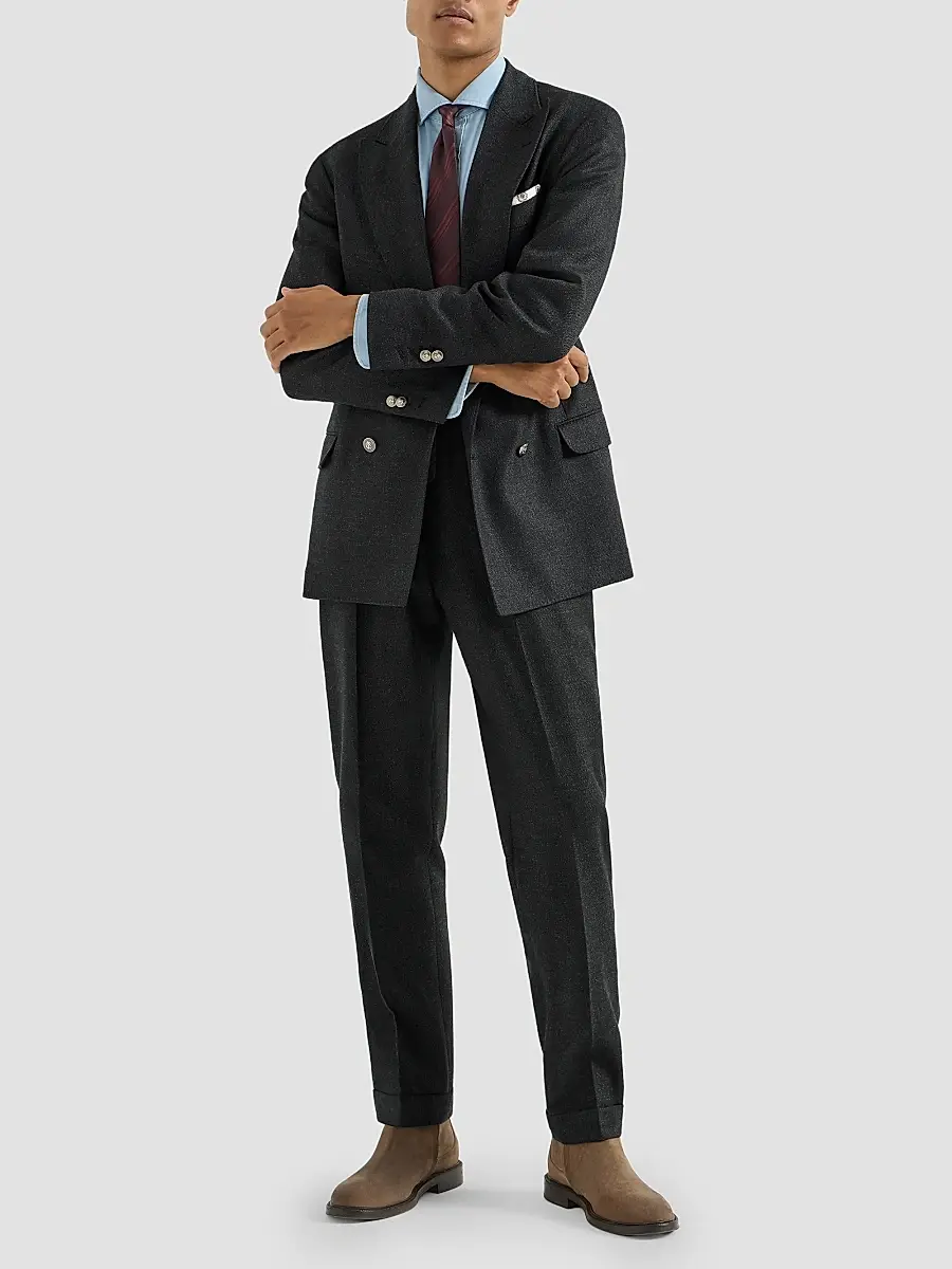 Brunello Cucinelli Men's Virgin Wool Mouliné Twill Trousers with Pleats - Anthracite | Thumbnail 2