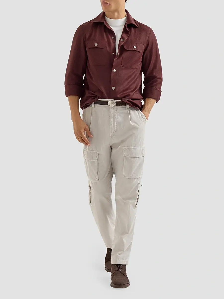 Brunello Cucinelli Men's Virgin Wool Flannel Overshirt with Spread Collar - Lava | Thumbnail 2 Brunello Cucinelli Men's Virgin Wool Flannel Overshirt with Spread Collar - Lava | Thumbnail 2