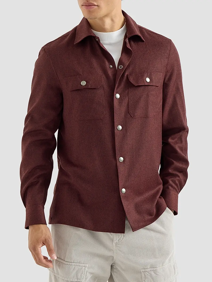 Brunello Cucinelli Men's Virgin Wool Flannel Overshirt with Spread Collar - Lava | Thumbnail 3 Brunello Cucinelli Men's Virgin Wool Flannel Overshirt with Spread Collar - Lava | Thumbnail 3