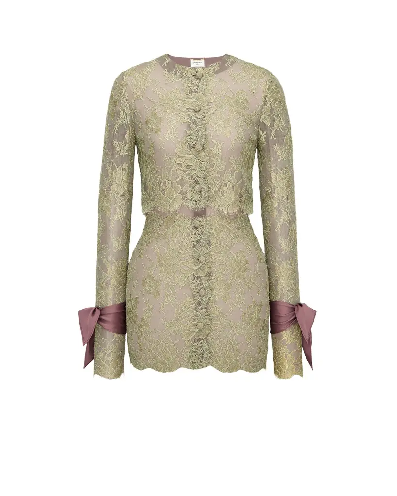 Yves Saint Laurent lavallière-cuff mini dress in lace | Image 1 Yves Saint Laurent lavallière-cuff mini dress in lace | Image 1