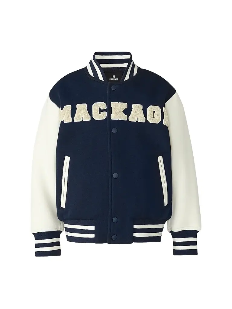 Mackage Little Boy's Nels Chenille Logo Varsity Jacket - Marine Blue - Size 4 | Image 1 Mackage Little Boy's Nels Chenille Logo Varsity Jacket - Marine Blue - Size 4 | Image 1