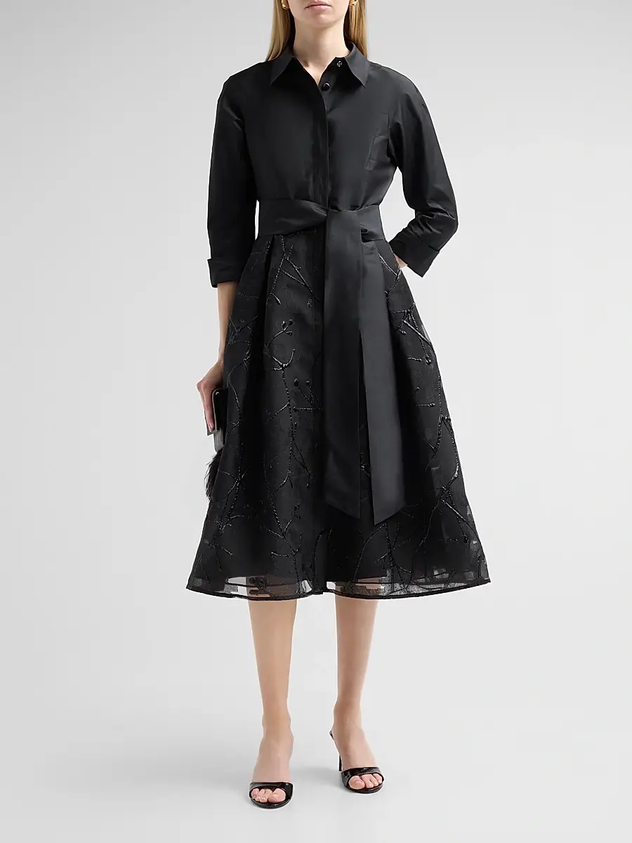 Teri Jon by Rickie Freeman Women's Taffeta Cocktail Midi Shirtdress | Thumbnail 2 Teri Jon by Rickie Freeman Women's Taffeta Cocktail Midi Shirtdress | Thumbnail 2
