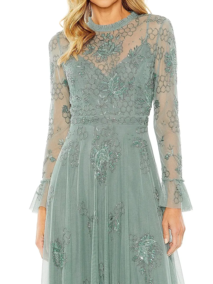 Mac Duggal Women's Petite Honeycomb Embroidered Mesh Gown | Thumbnail 3 Mac Duggal Women's Petite Honeycomb Embroidered Mesh Gown | Thumbnail 3