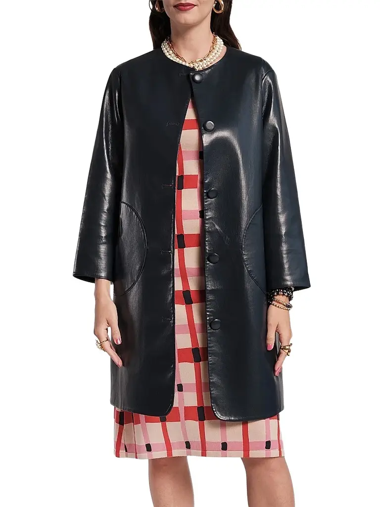 Frances Valentine Women's Mod Faux Leather Circular Pocket Jacket - Navy | Image 1 Frances Valentine Women's Mod Faux Leather Circular Pocket Jacket - Navy | Image 1