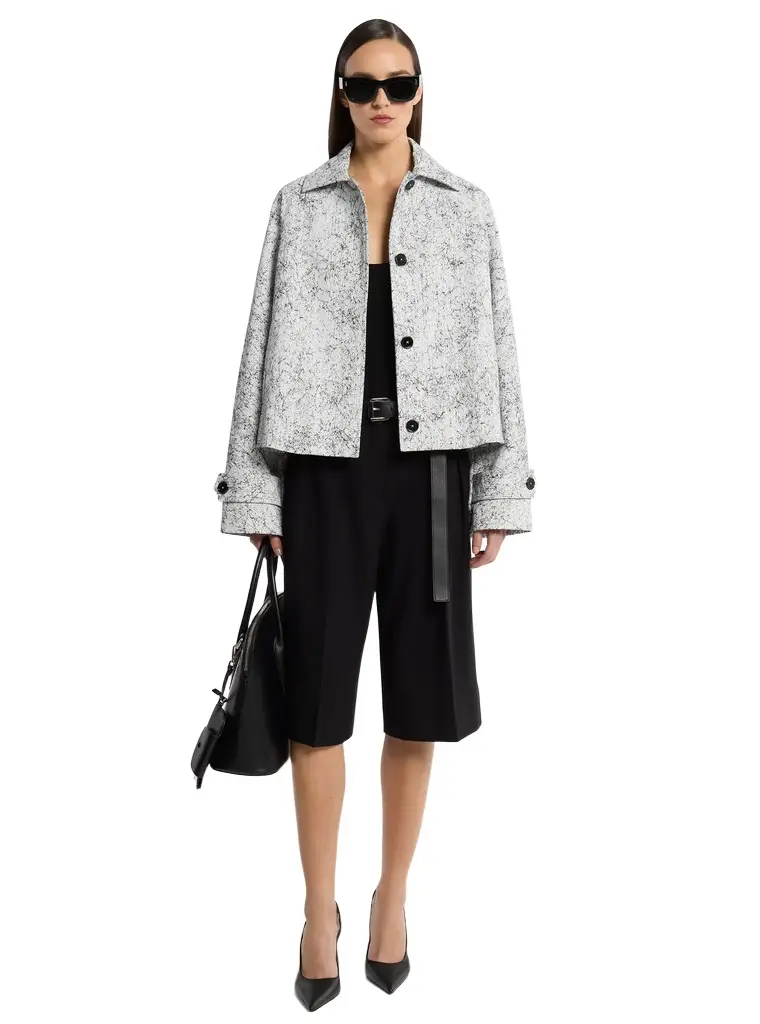 Michael Kors Collection Crackled Denim Cropped Balmacaan | Image 1 Michael Kors Collection Crackled Denim Cropped Balmacaan | Image 1