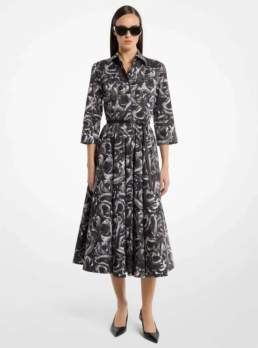Michael Kors Collection Floral Cotton Poplin Belted Quarter-Sleeve Shirtdress in Grey | Thumbnail 2
