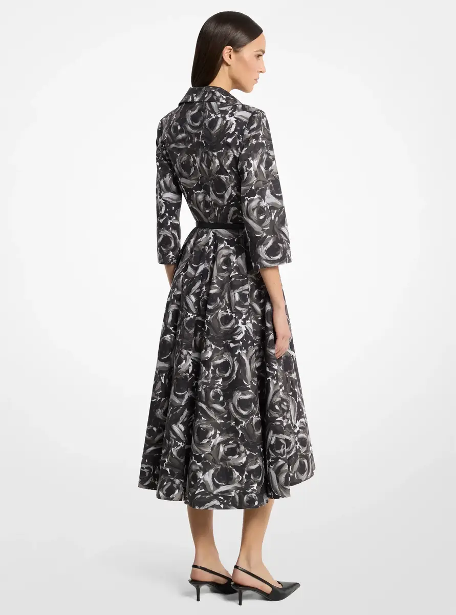 Michael Kors Collection Floral Cotton Poplin Belted Quarter-Sleeve Shirtdress in Grey | Thumbnail 3