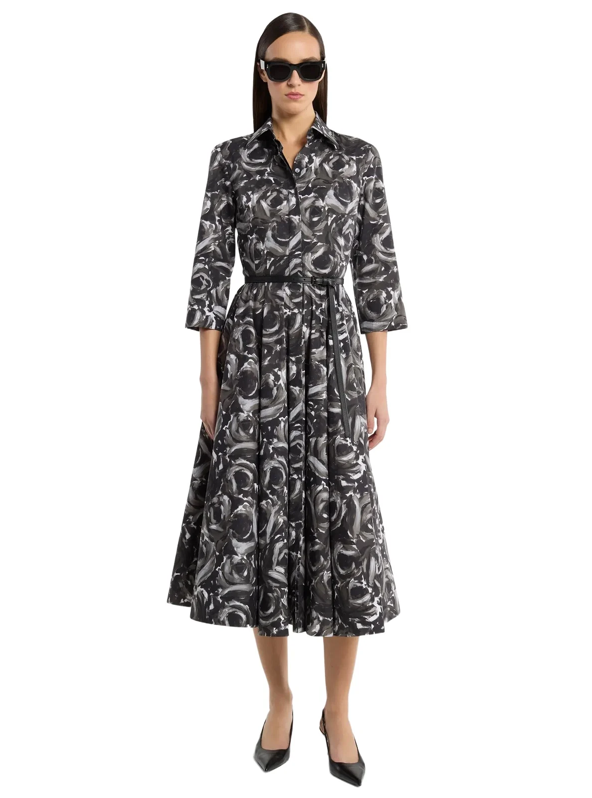 Floral Cotton Poplin Belted Quarter-Sleeve Shirtdress in Grey